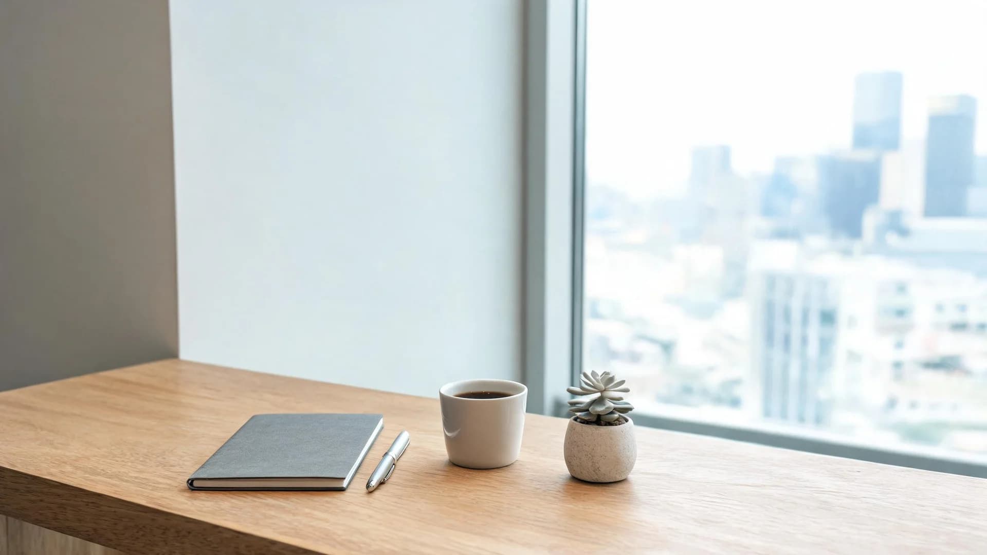 A light oak desk beside a tall window holding a closed notebook, a slim pen, a white ceramic cup and a small potted succulent, with a blurred city view beyond the glass.
