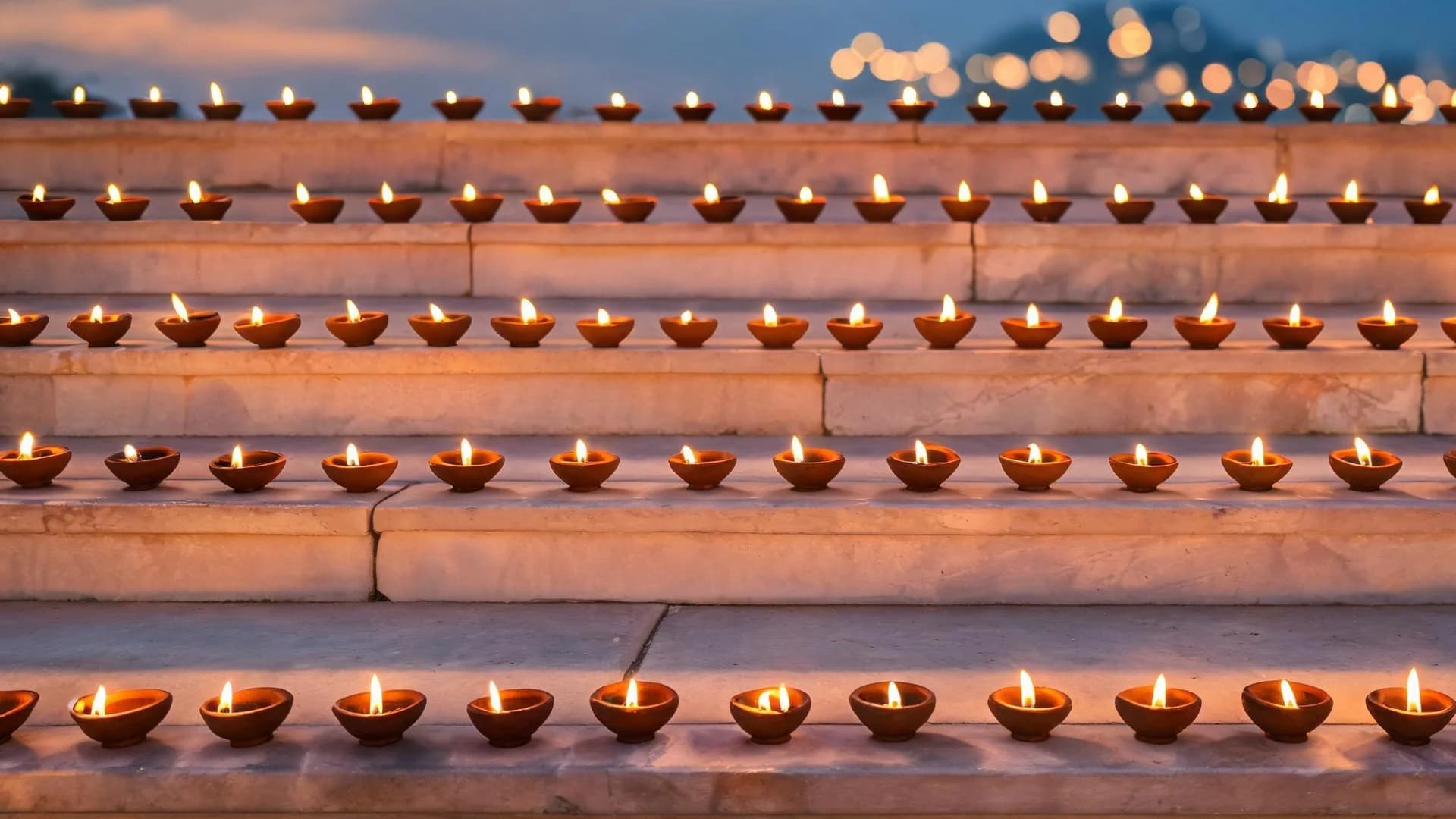 Rows of lit clay diyas lined along pale stone steps at dusk during Diwali