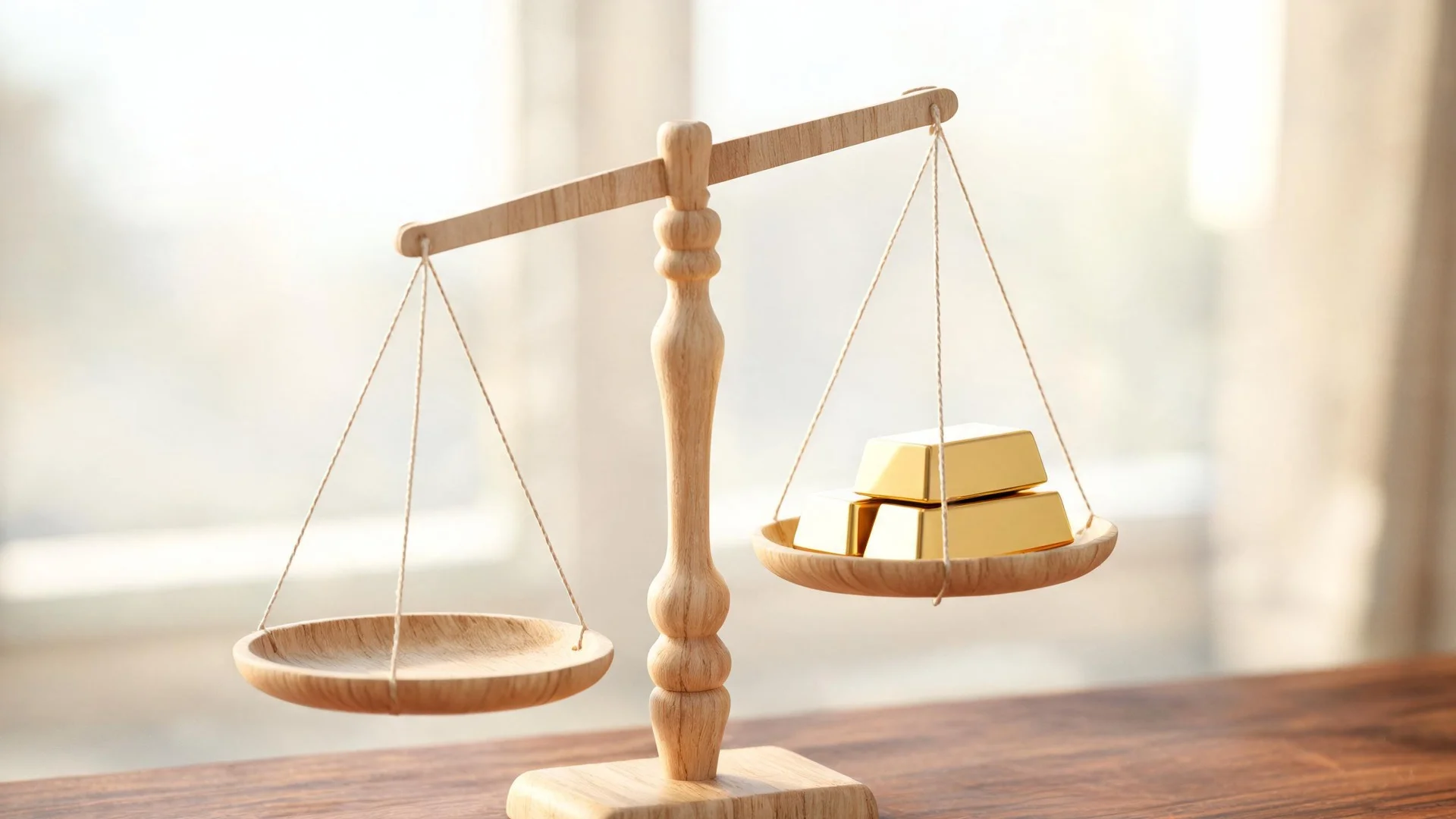 A balance scale made entirely of pale oak, with two gold bullion bars resting on one wooden pan and the other pan empty, standing on a walnut desk beside a bright window.