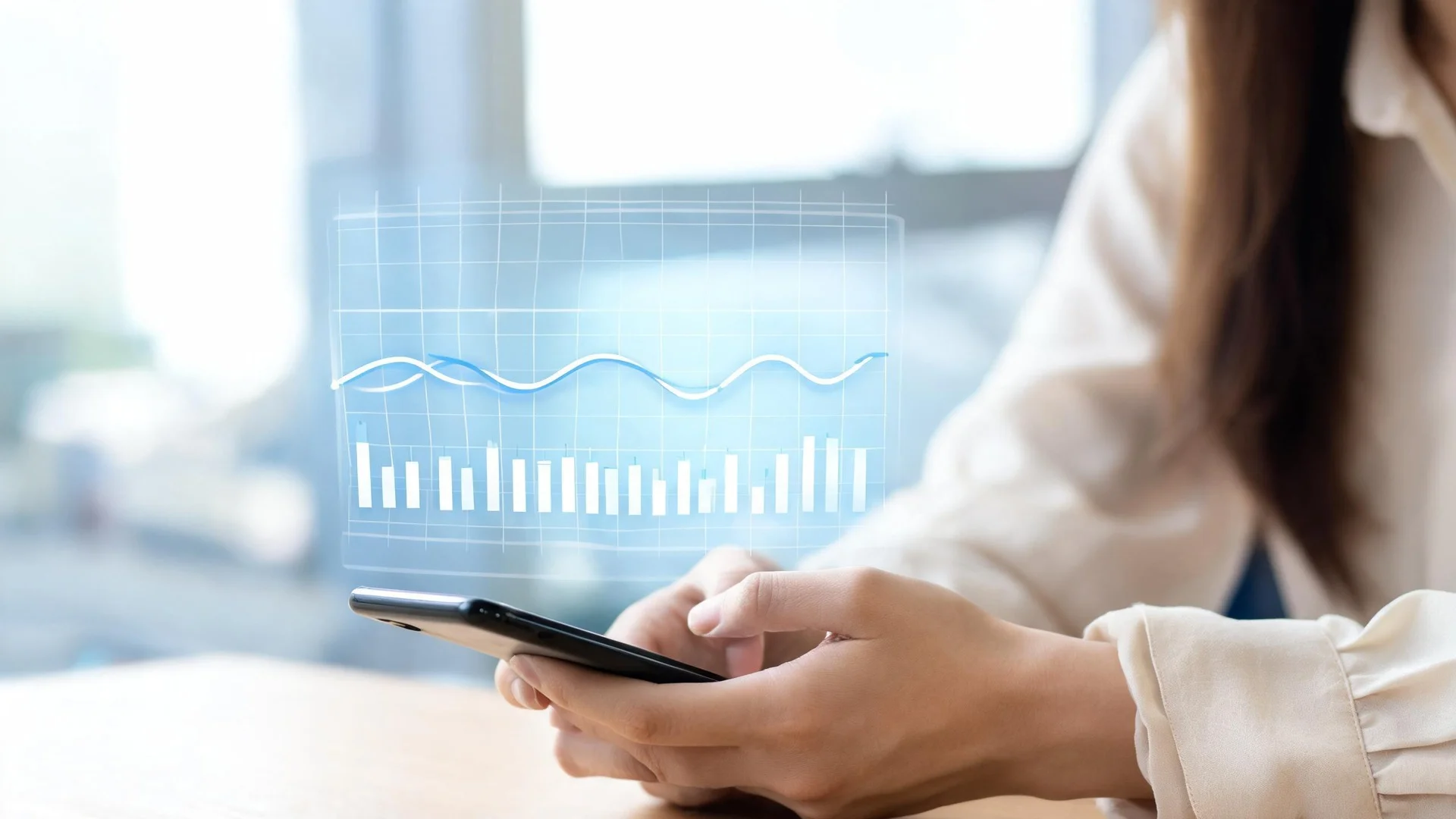 Hands holding a smartphone at a wooden desk, with a translucent stock chart of a sideways price line and volume bars floating above the screen