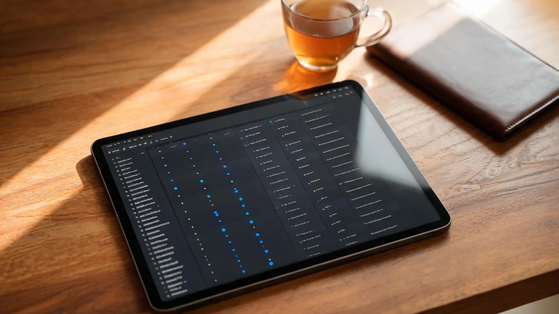 A tablet lying flat on a walnut desk in afternoon light, showing a corporate actions tracker with a sidebar and a dense table of small rows marked with blue dots, beside a glass of chai and a closed leather notebook.
