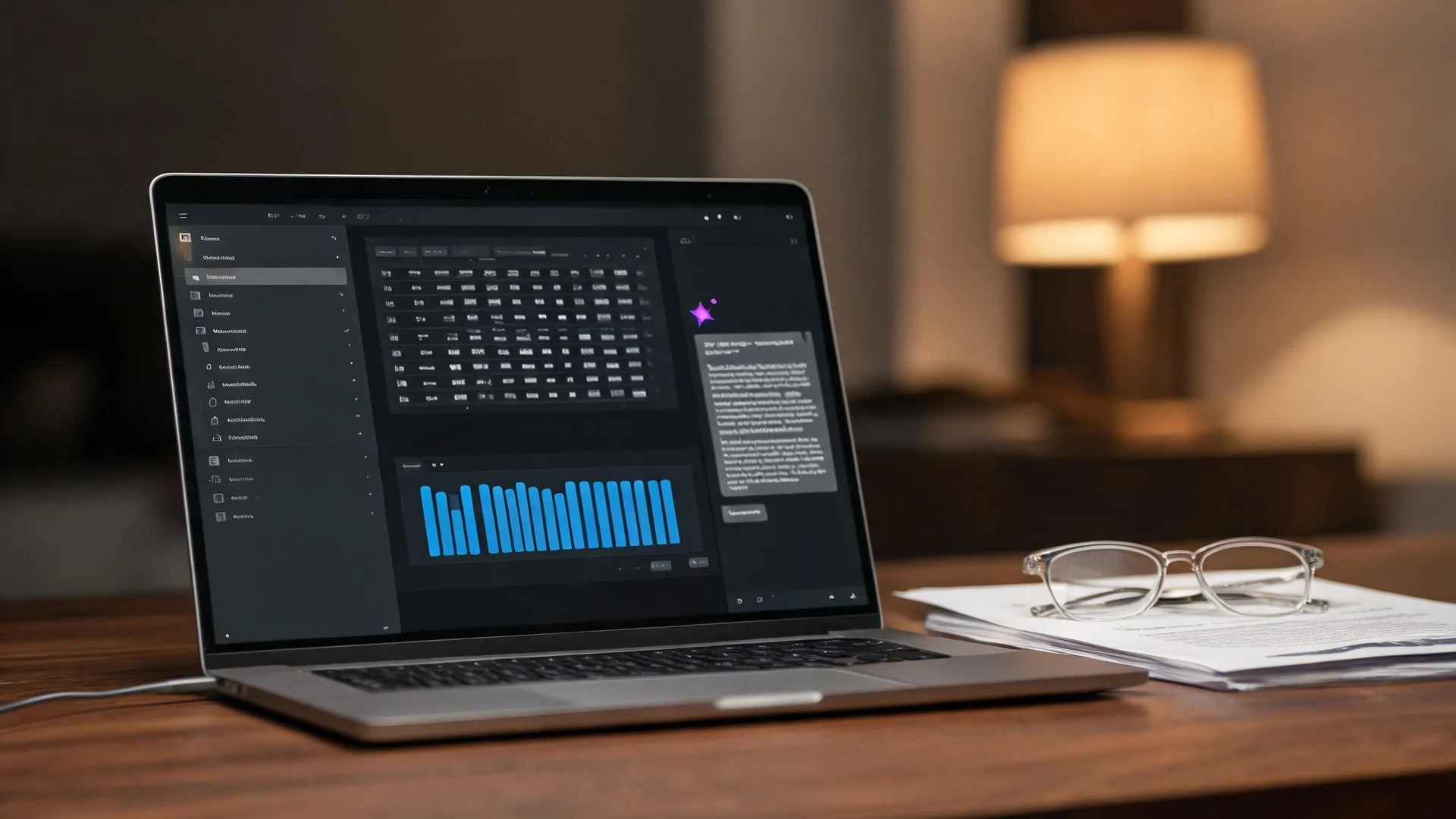 An open laptop on a walnut desk in the evening showing a stock research app with a financial statements table, quarterly bars and an AI assistant chat panel, beside a printed annual report and reading glasses