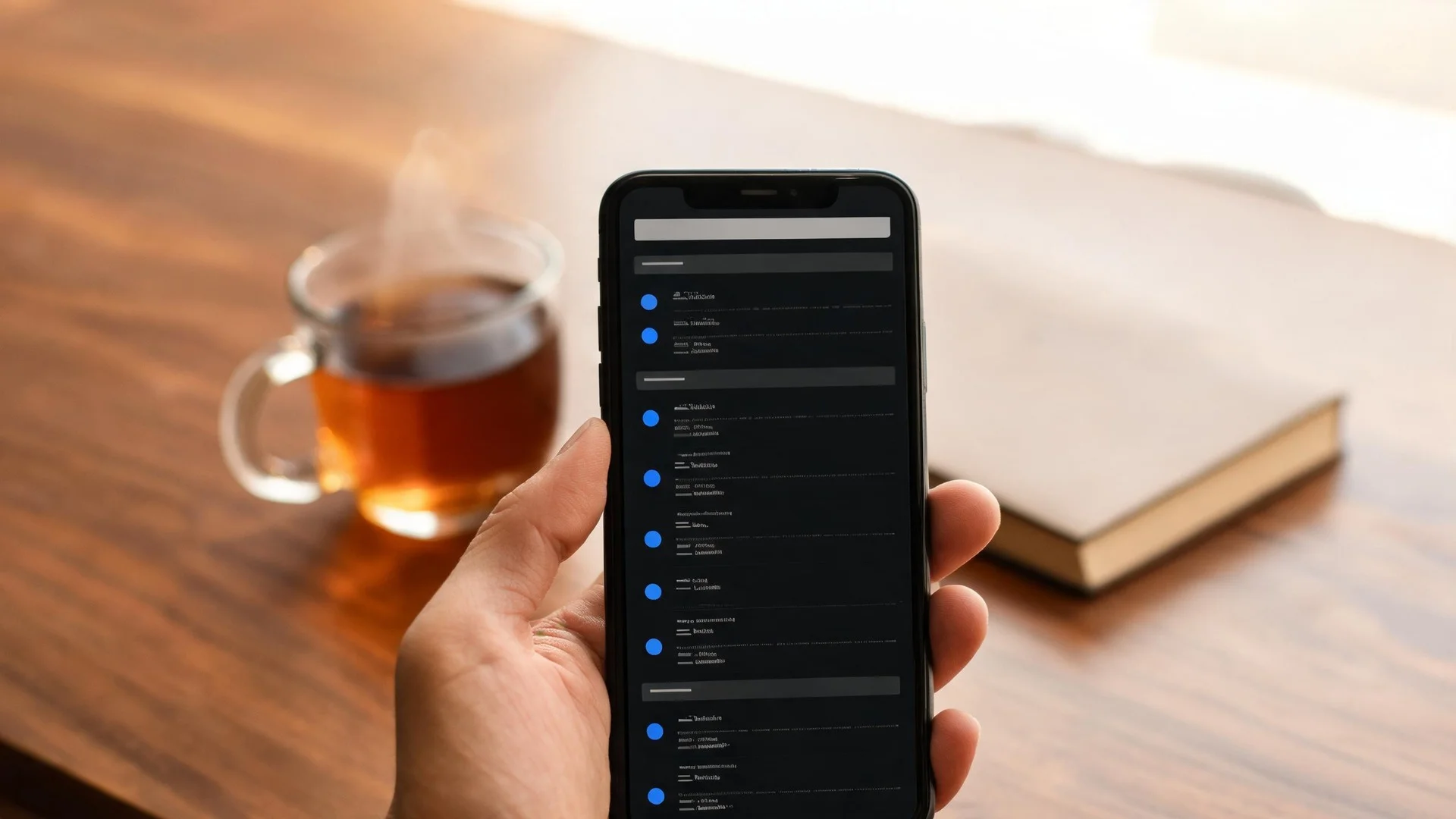 A hand holding a smartphone above a walnut desk showing a dark-mode list divided into several grouped sections, with a glass of chai and a closed notebook behind.