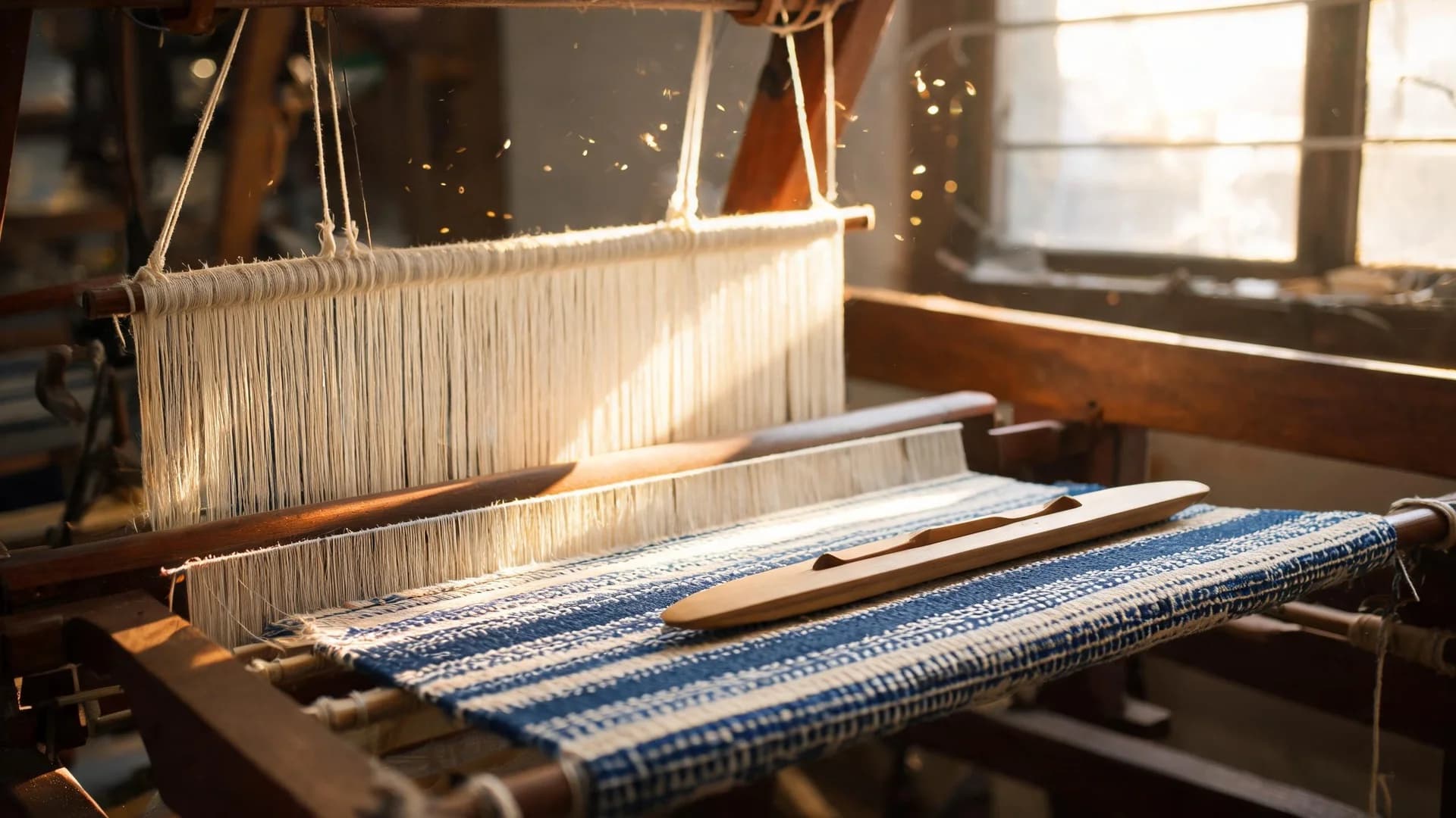 A wooden handloom in a sunlit workshop, cream cotton threads running into woven indigo and cream cloth with a shuttle resting on it