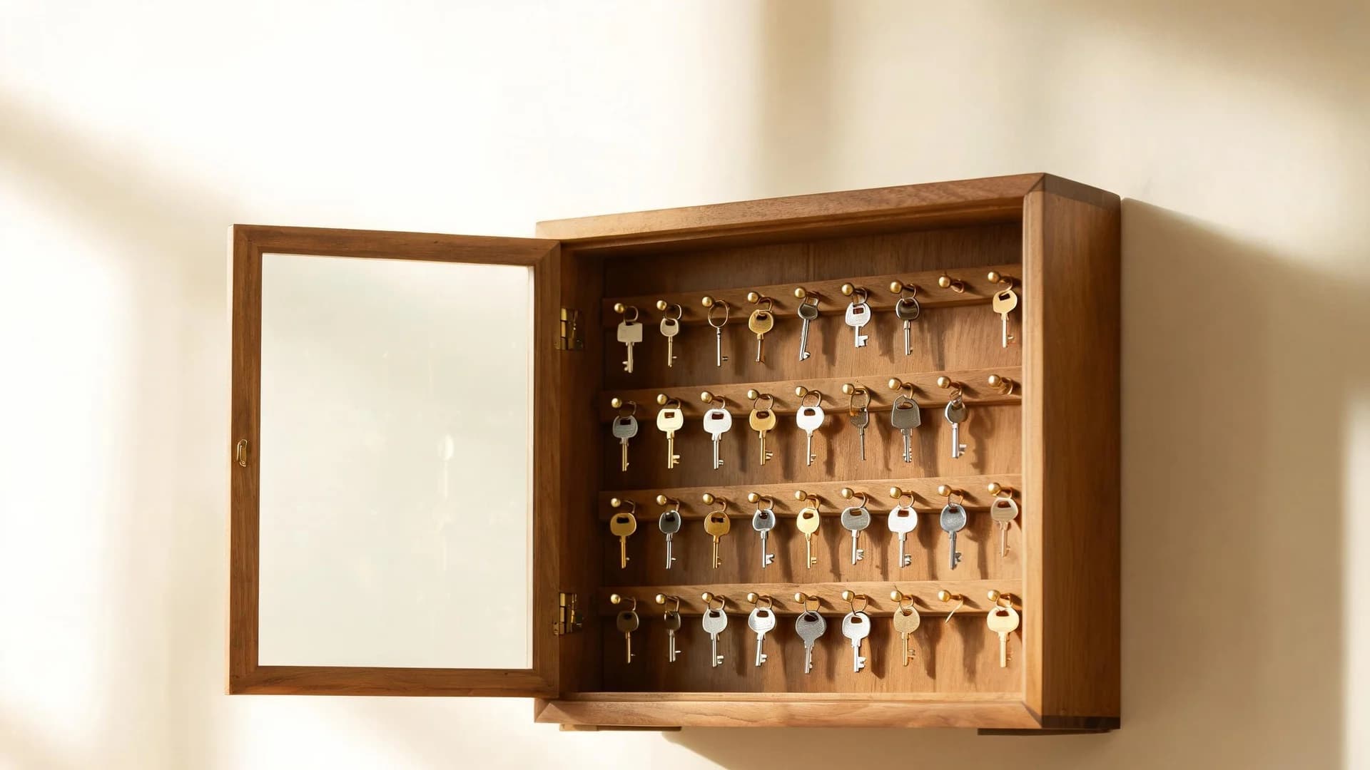 An open wall-mounted wooden key cabinet holding rows of different keys on small brass hooks