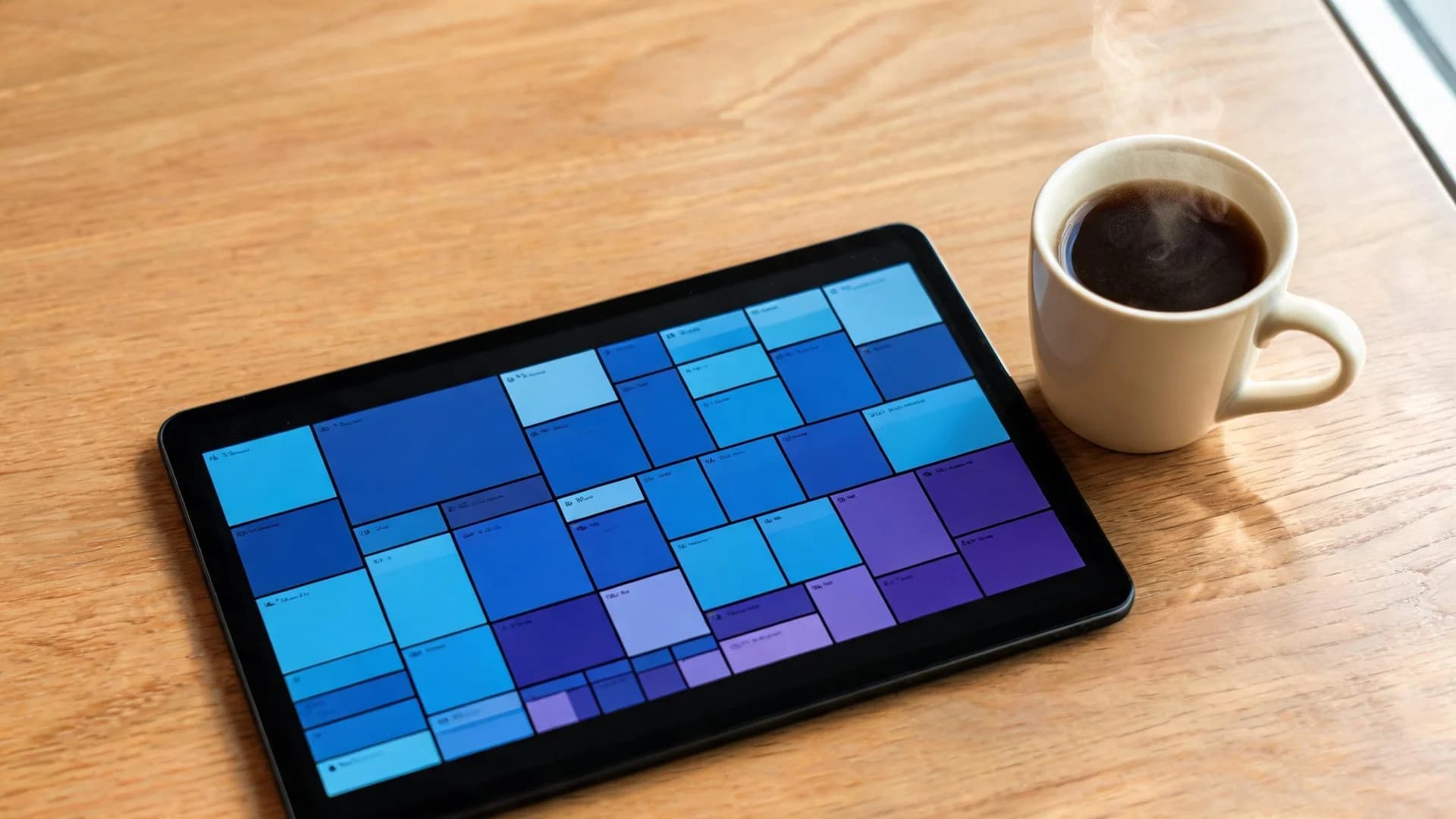 A tablet on a wooden desk showing a stock index heatmap of company tiles in shades of blue and purple, beside a cup of coffee