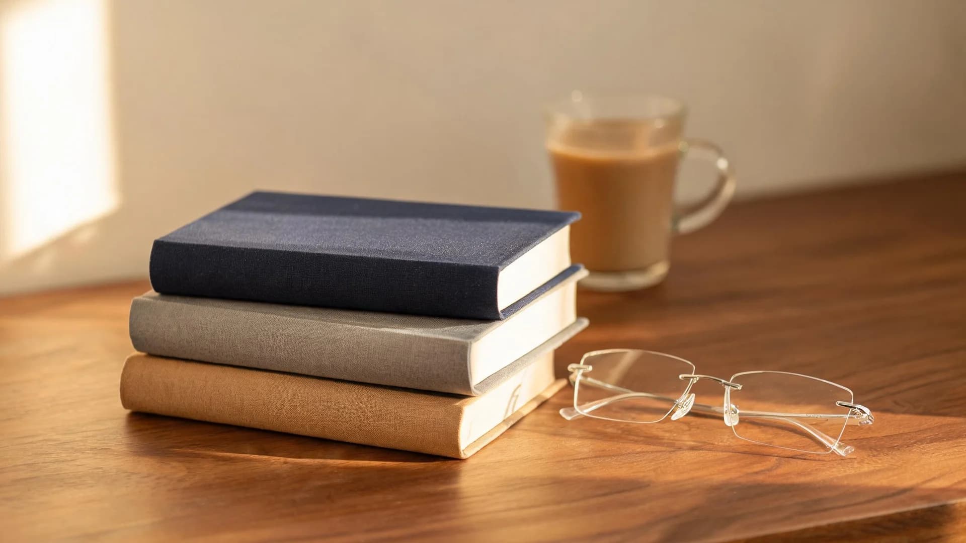 Three hardback ledger books of different thickness stacked in a tier on a walnut desk in afternoon light, with rimless reading glasses beside them and a glass of chai behind.