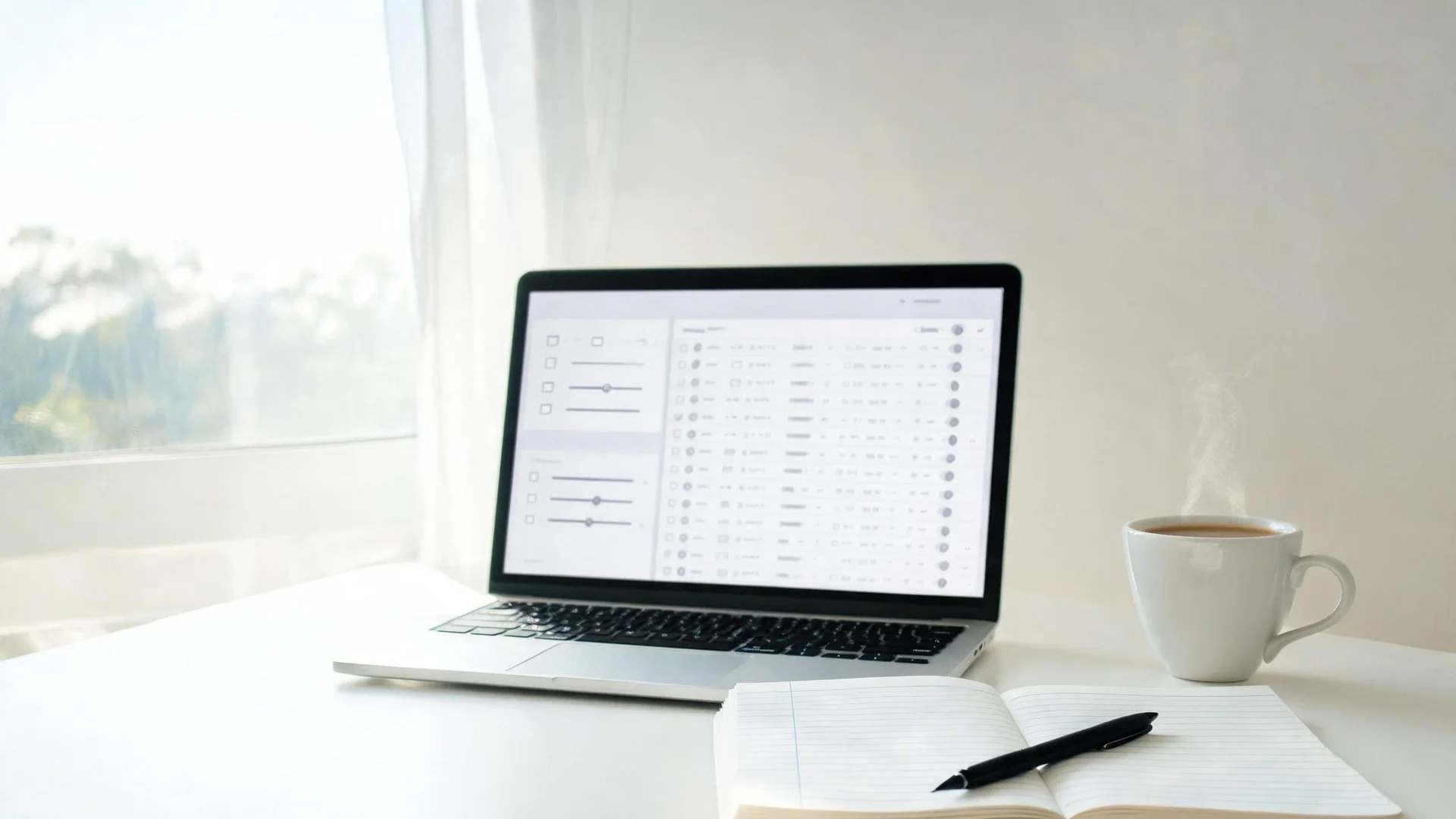 A laptop on a white desk by a window showing a stock screener with filter checkboxes and sliders beside a results table, with an open notebook, pen and a cup of coffee