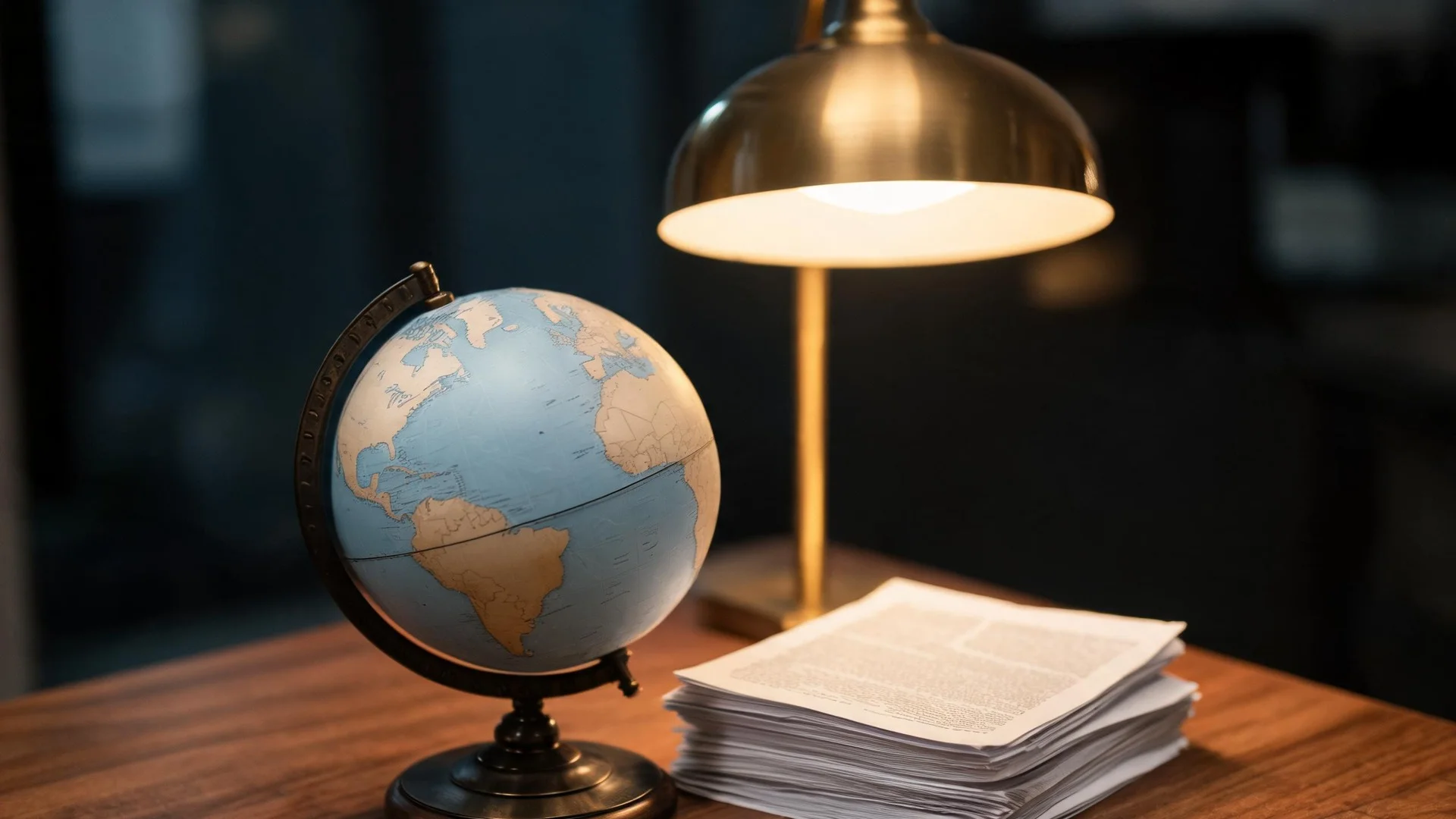 A desk globe beside a brass reading lamp on a wooden desk, with a stack of loose papers alongside in warm low light.