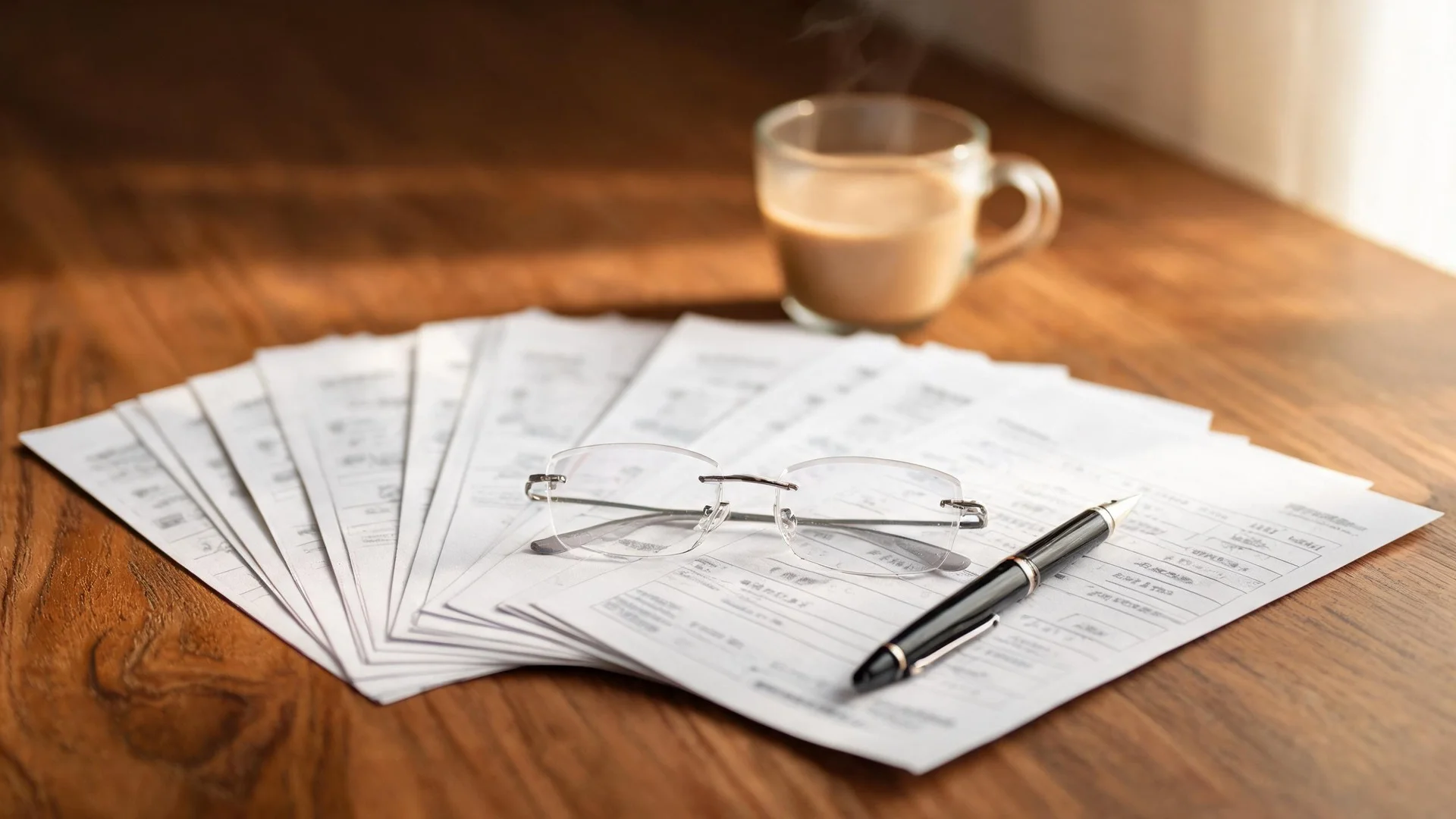A fan of identical printed payment advice slips spread across a walnut desk, with rimless reading glasses resting on them, a fountain pen alongside and a glass of chai behind.