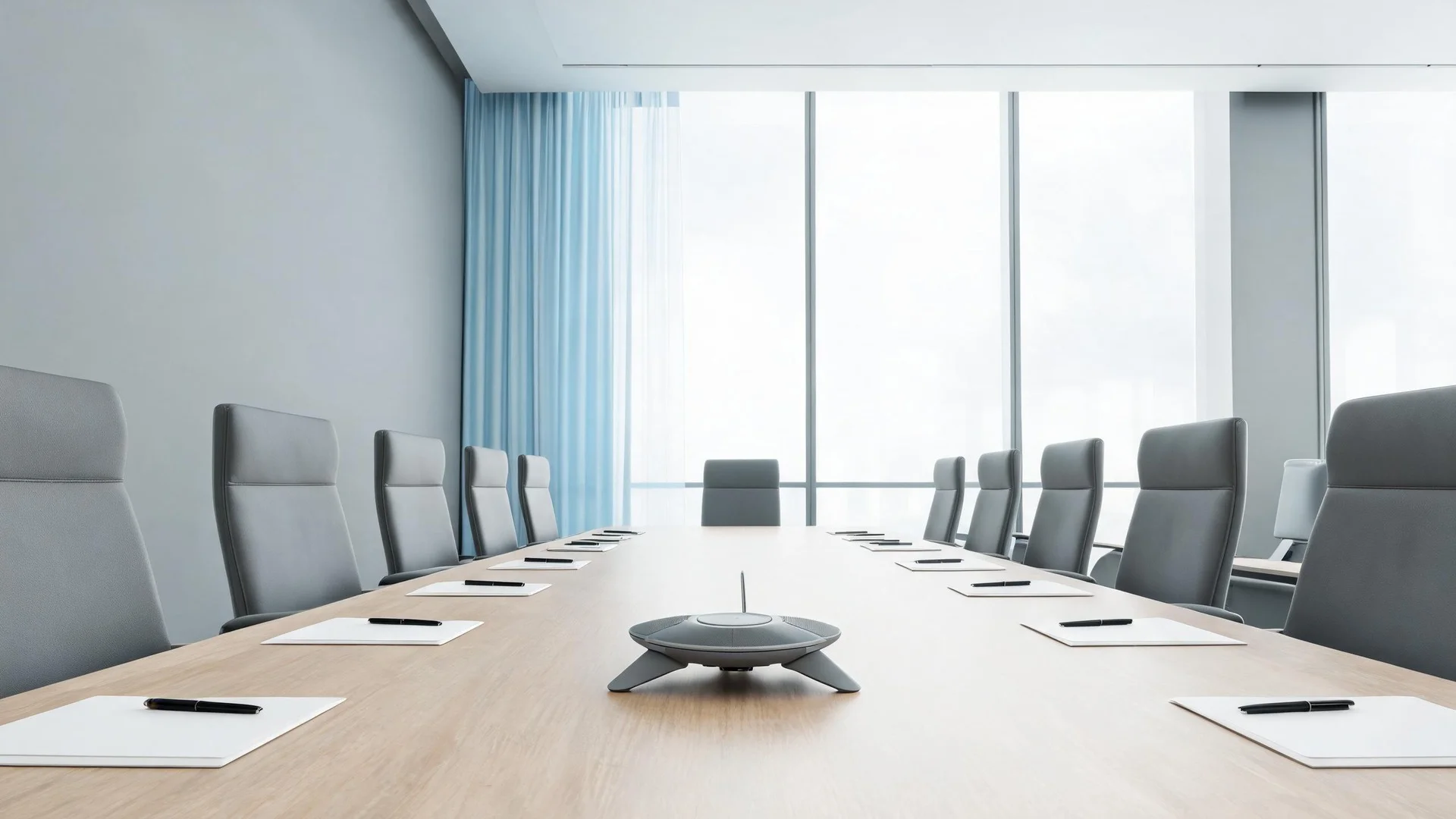 A conference speakerphone in the middle of a long boardroom table set with blank notepads and pens before empty chairs