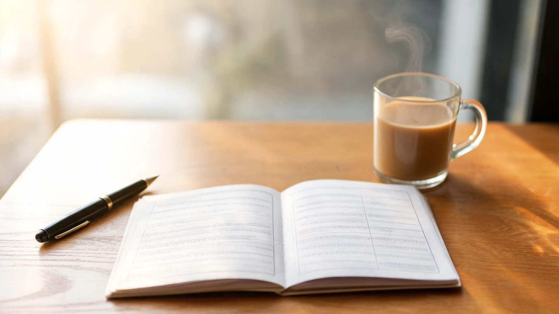 An open notebook with faint ruled columns lying on a wooden desk by a window, with a fountain pen to one side and a glass cup of chai catching the morning light.