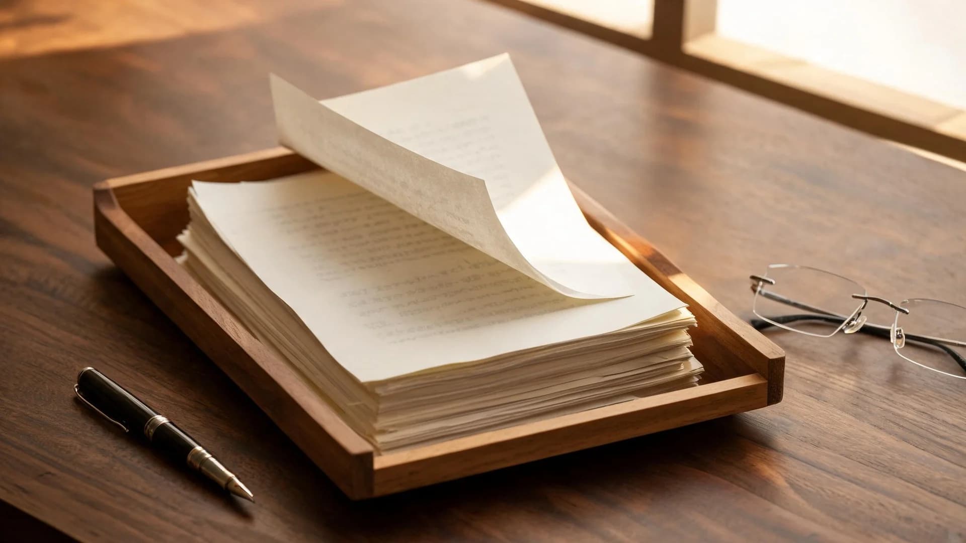 A wooden letter tray on a desk holding a stack of identical printed notices with the top sheet lifted, beside a fountain pen and reading glasses in warm afternoon light.