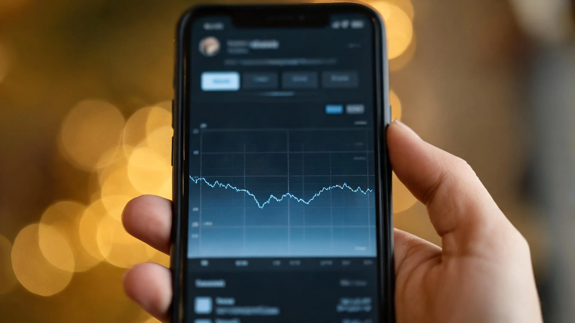 A hand holding a smartphone showing a stock app with tabs and a detailed price chart that dips and recovers, against warm golden bokeh