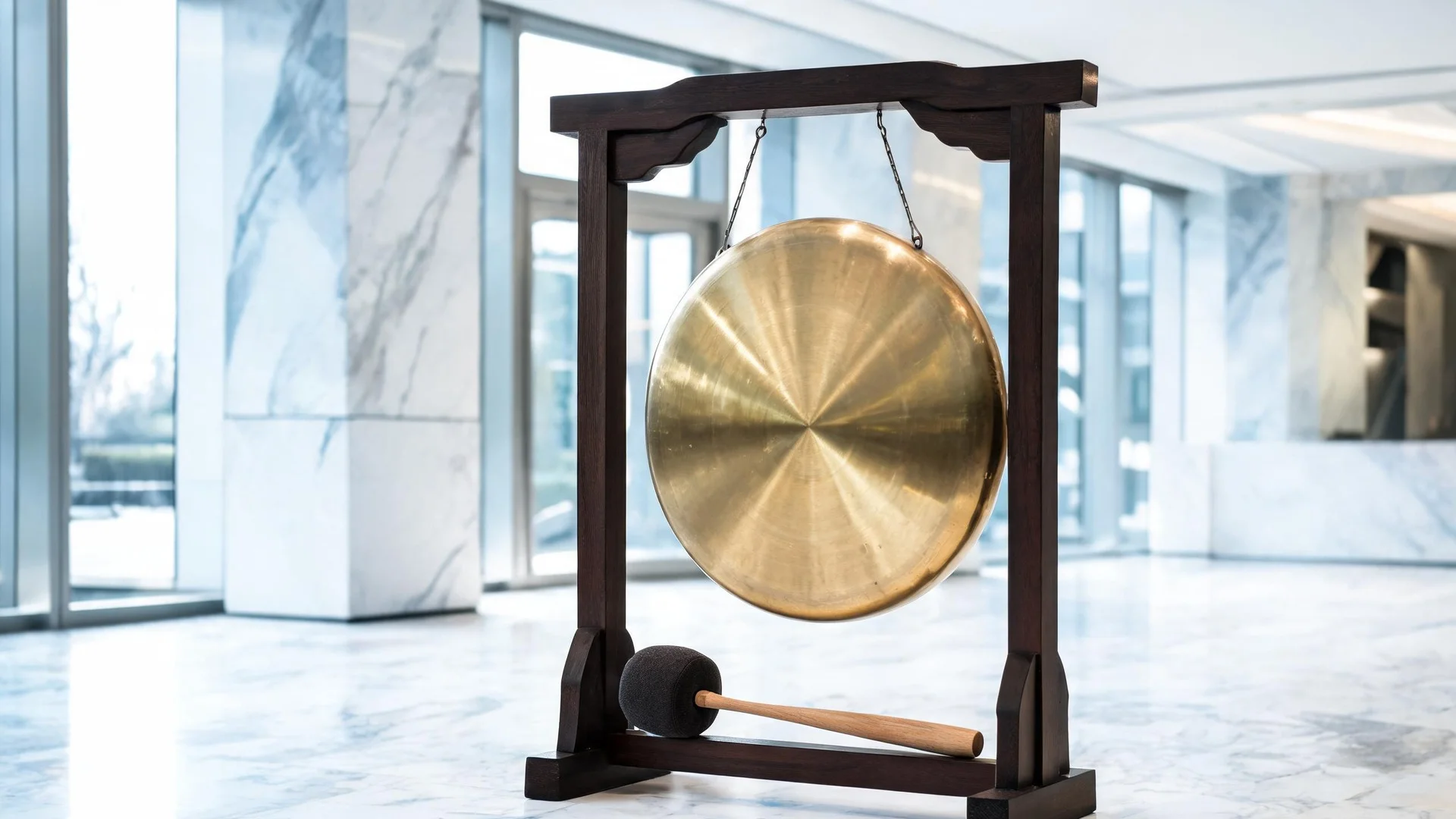 A polished brass ceremonial gong in a dark wooden stand with a mallet at its base, in a bright marble lobby
