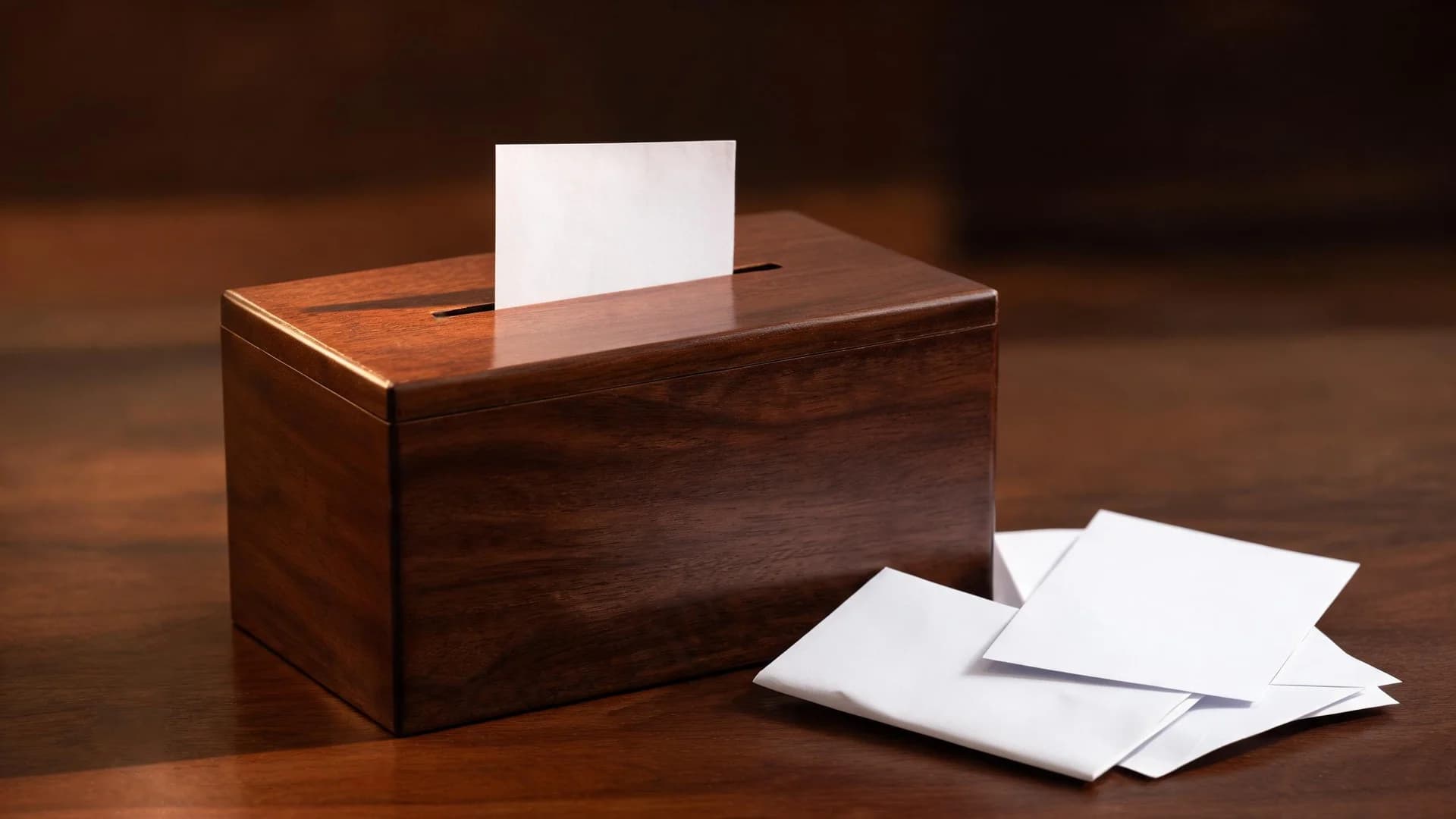 A polished wooden ballot-style box on a dark wooden table, a blank white card standing in its slot and three more blank cards lying beside it in warm low light.