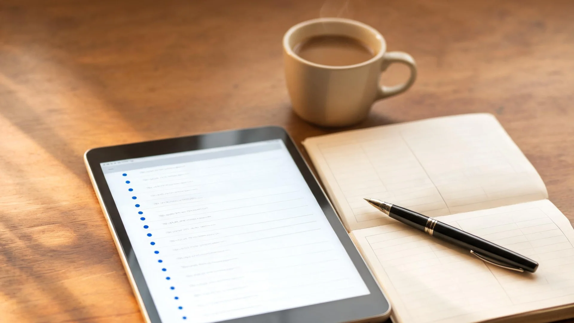 A tablet on a wooden desk showing a schedule of corporate actions as a list of rows with small blue markers, beside an open paper diary with a blank ruled grid and a fountain pen.