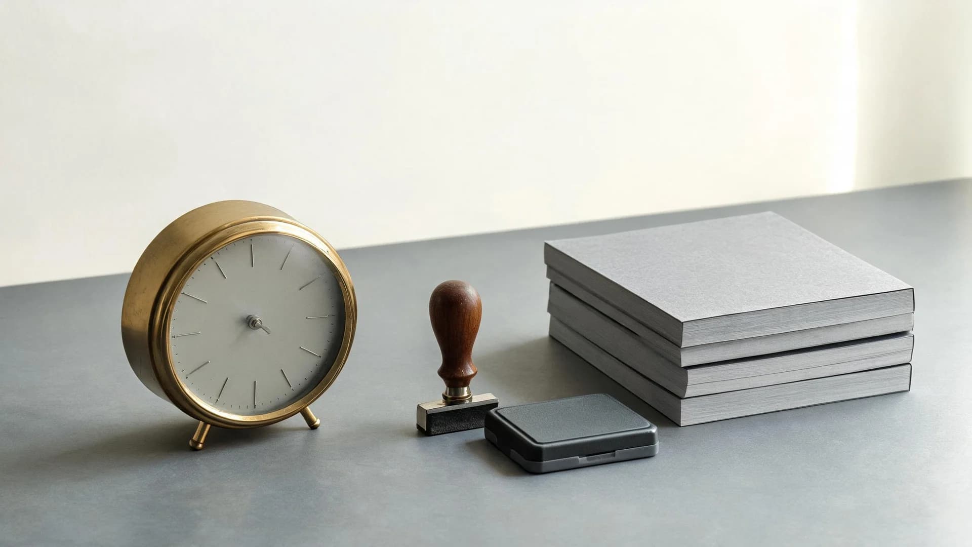 A brass desk clock without numerals beside a rubber stamp, an ink pad and a stack of four grey booklets