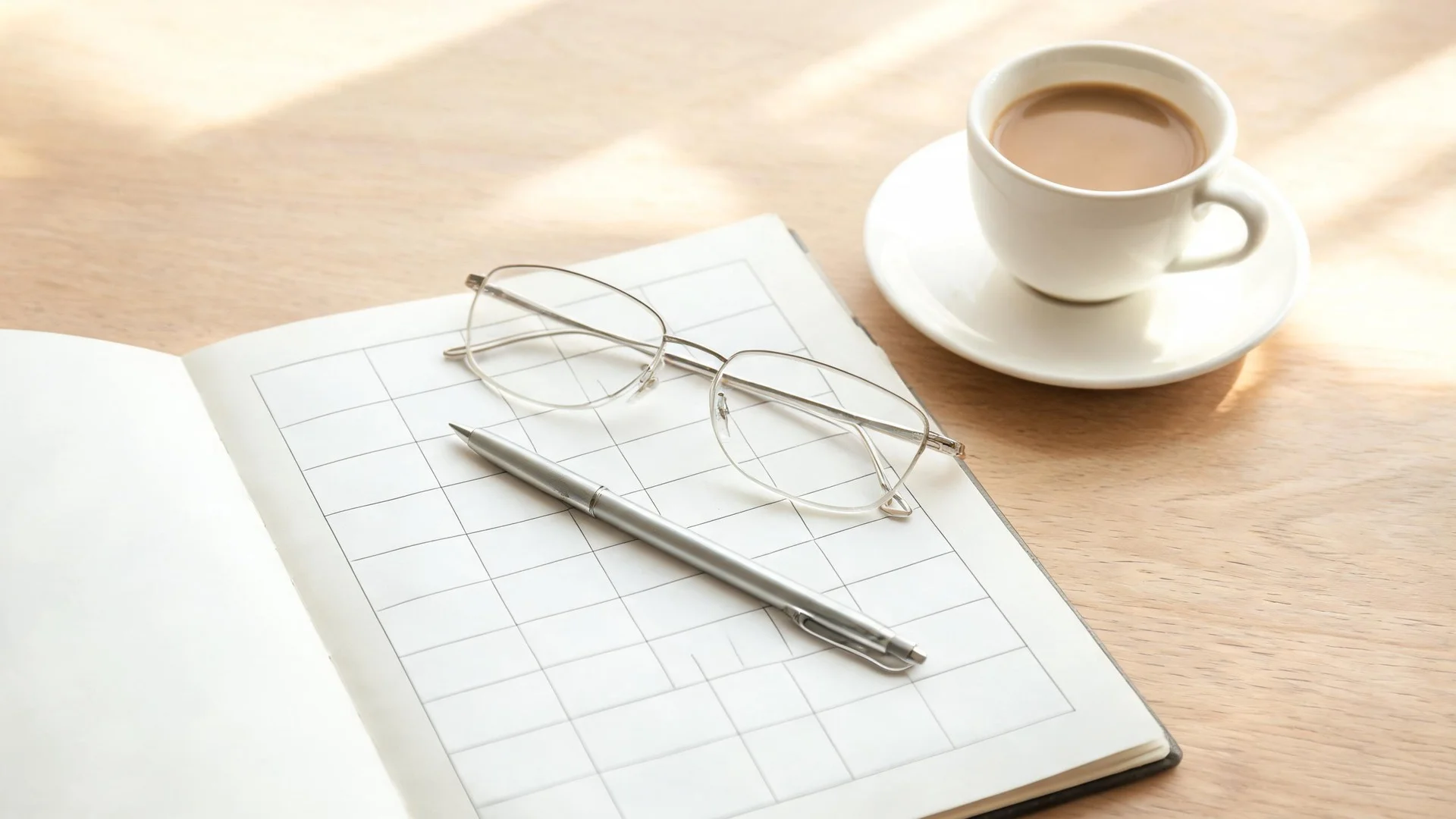 An open notebook with an empty ruled table grid, reading glasses and a silver pencil beside a cup of chai on an oak desk