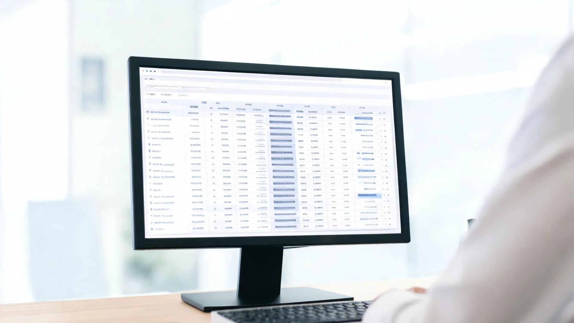 A desktop monitor on a light wooden desk in a bright office, showing a dense table of exchange deal data in neutral grey and blue, with a keyboard and a phone on the desk.