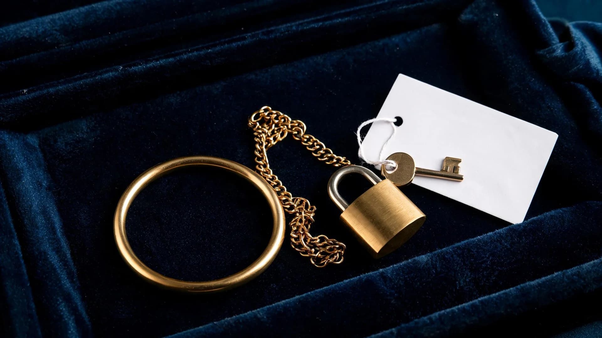 A gold bangle and gold chain on a navy velvet tray beside a closed brass padlock with its key and a blank paper tag