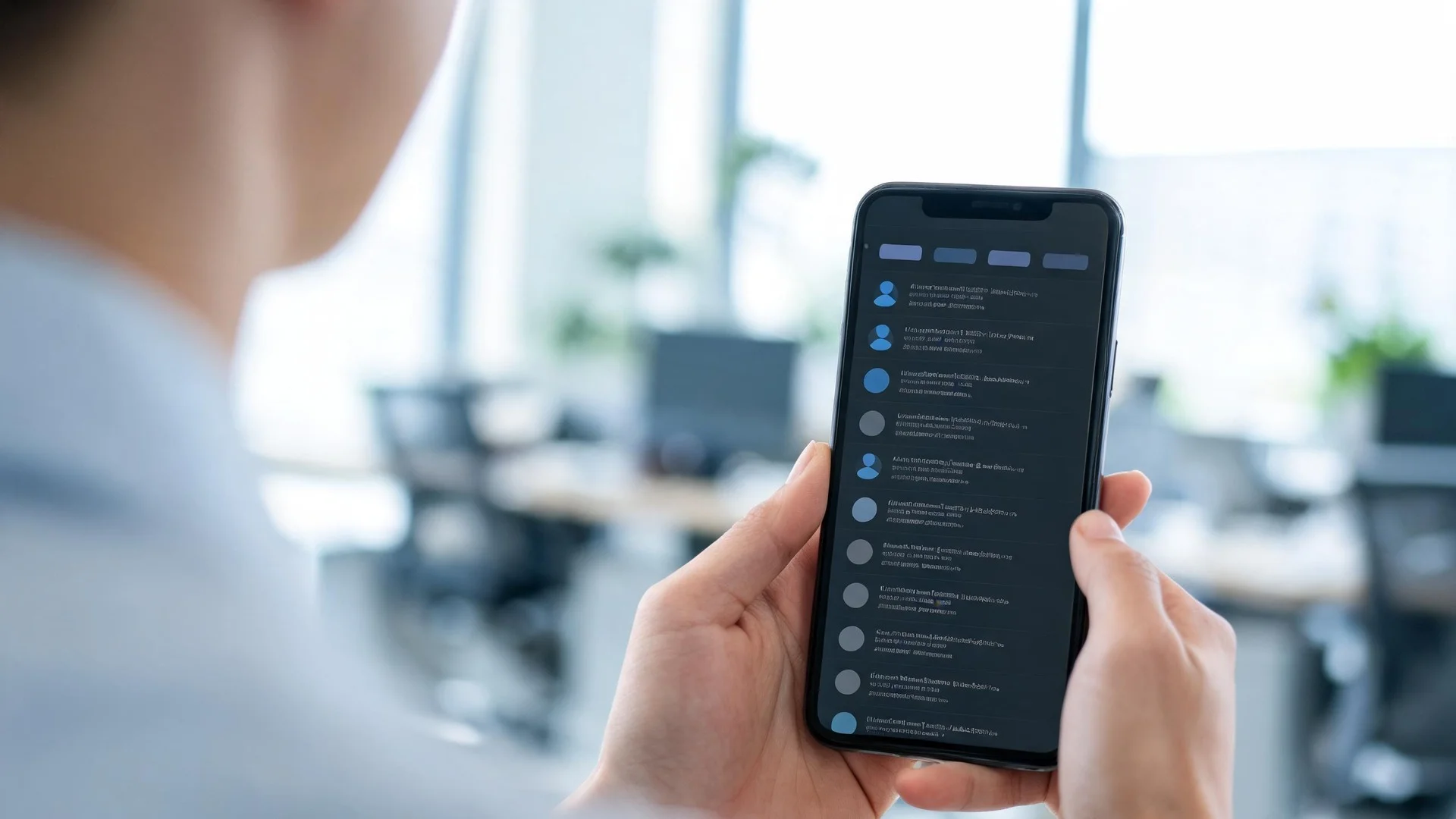 Two hands holding a smartphone showing a dark-mode holdings list of many small rows with circular company markers, in a softly blurred bright office.