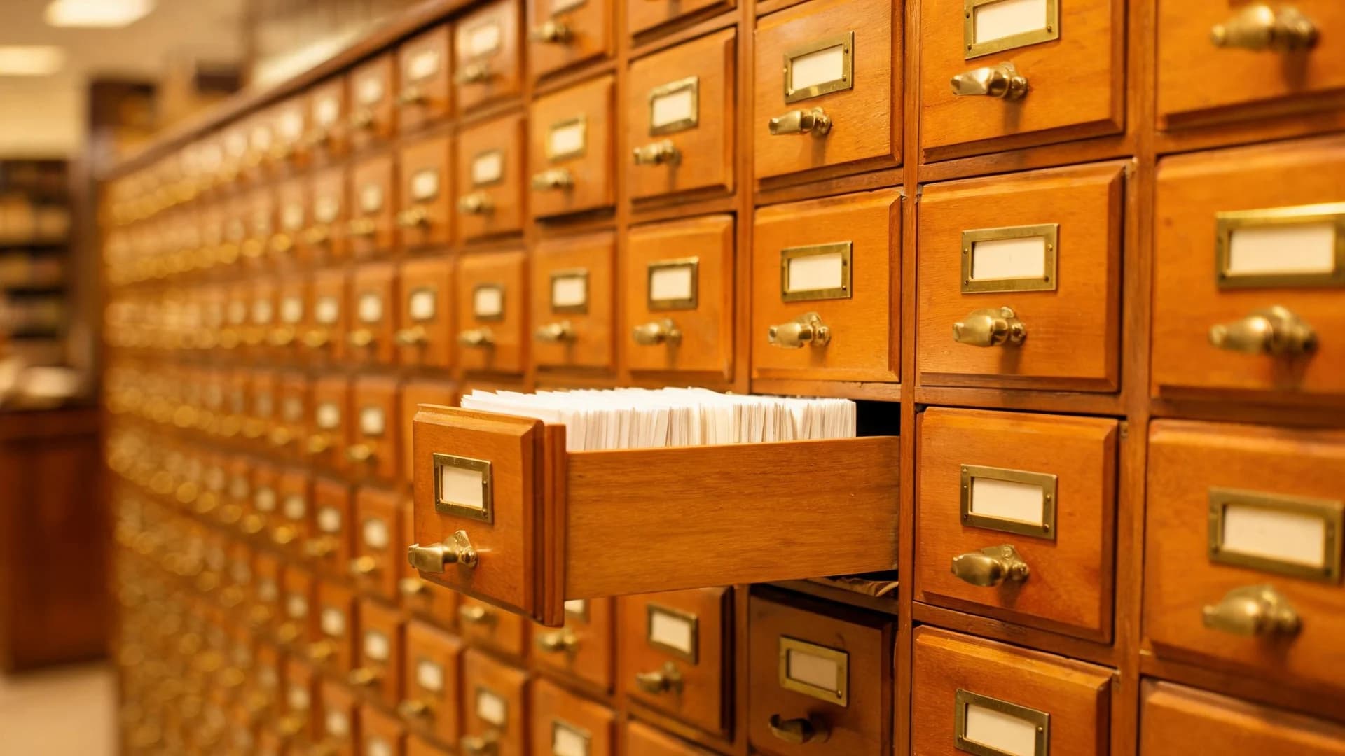 A long wall of wooden library card-catalogue drawers with brass pulls, one drawer open and full of index cards