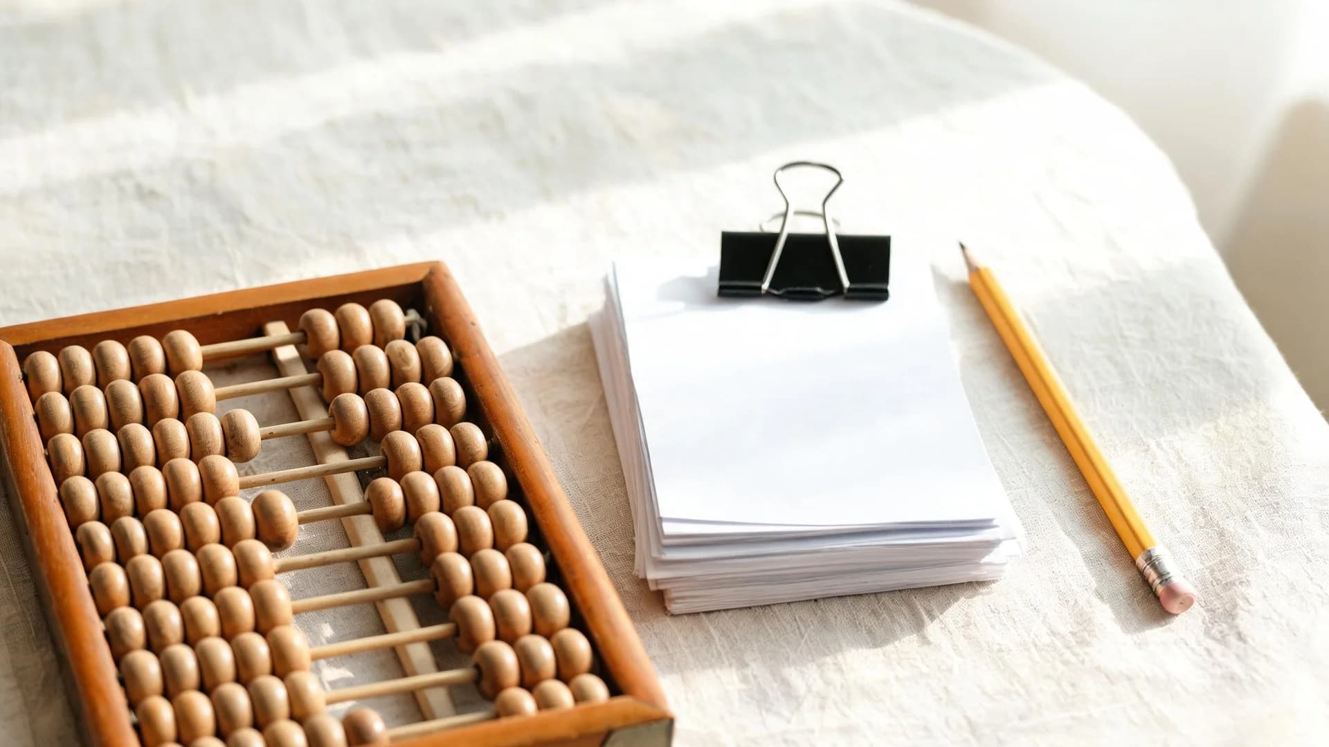 A wooden abacus beside a stack of blank paper slips held by a bulldog clip and a yellow pencil on a linen tablecloth
