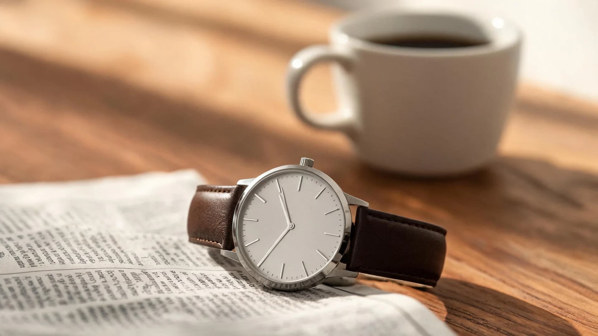 A steel wristwatch with plain baton markers on a dark leather strap, resting on a folded newspaper on a wooden desk in morning light, with a cup of coffee behind it.