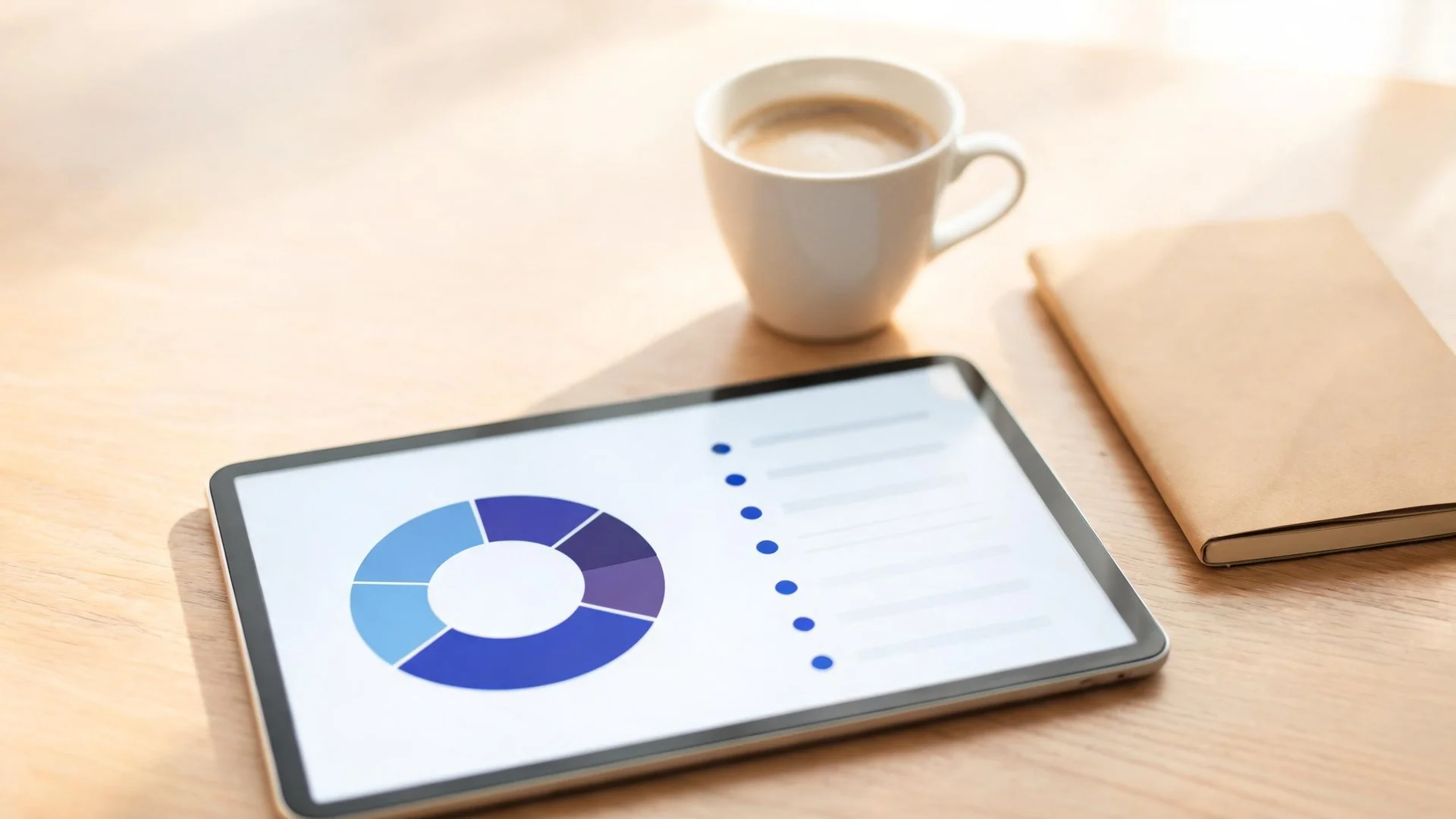 A tablet on a wooden desk showing a portfolio overview with a blue and purple donut chart and a list of holdings, beside a cup of coffee and a notebook
