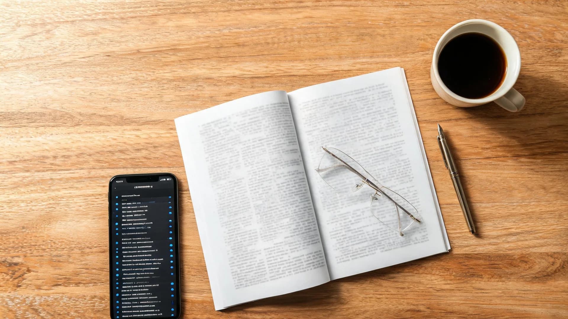 An overhead view of a wooden desk with an open printed company announcement, reading glasses, a fountain pen, a cup of coffee and a smartphone showing a list of corporate actions.
