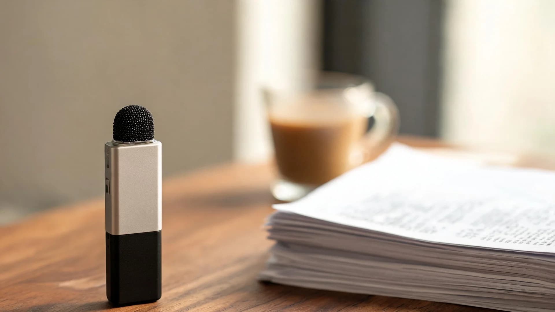 A slim handheld audio recorder standing upright on a walnut desk beside a thick stack of loose printed pages, with a glass of chai softly out of focus behind.