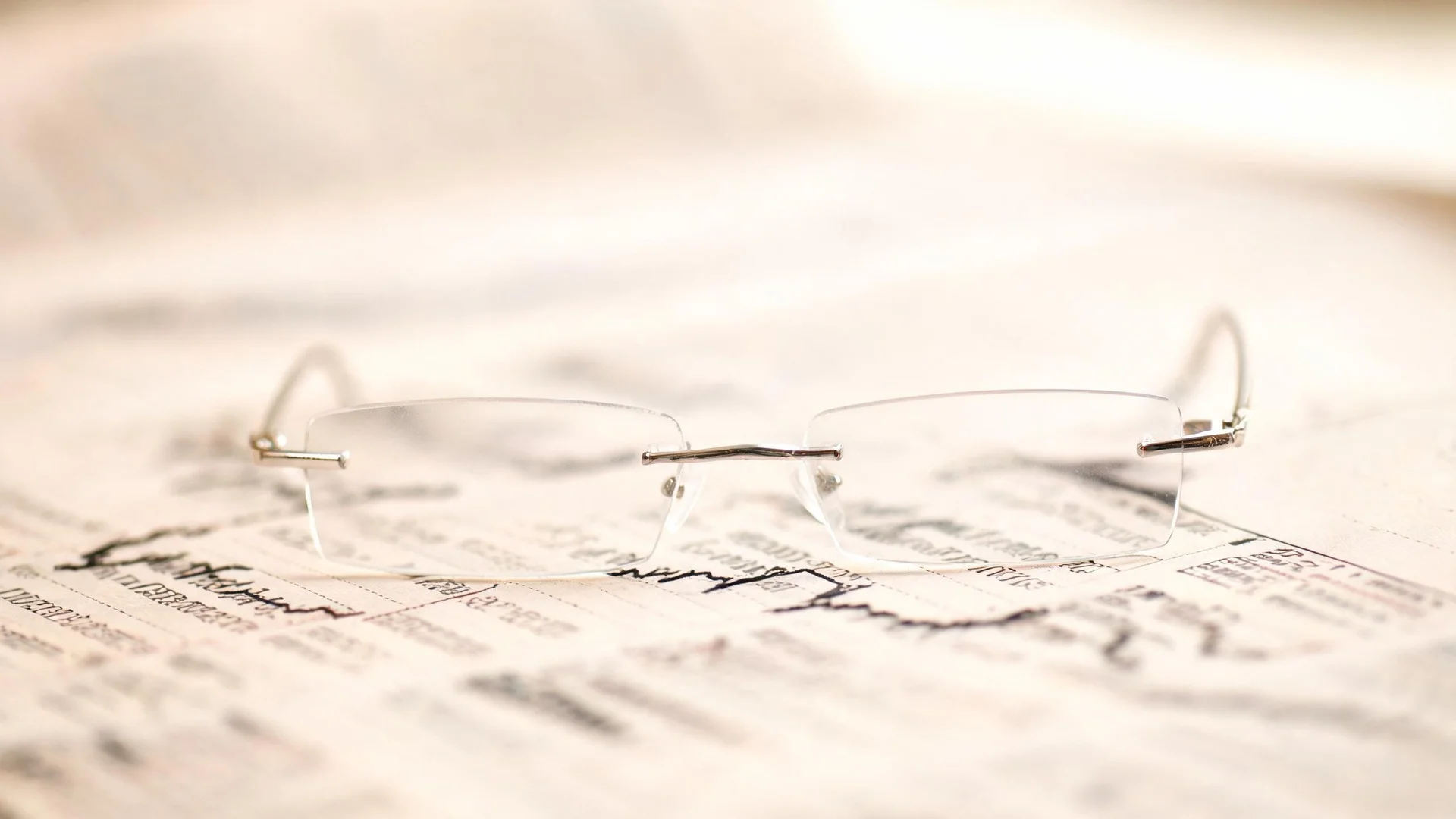 Rimless reading glasses resting on a softly blurred printed financial results page with stock charts